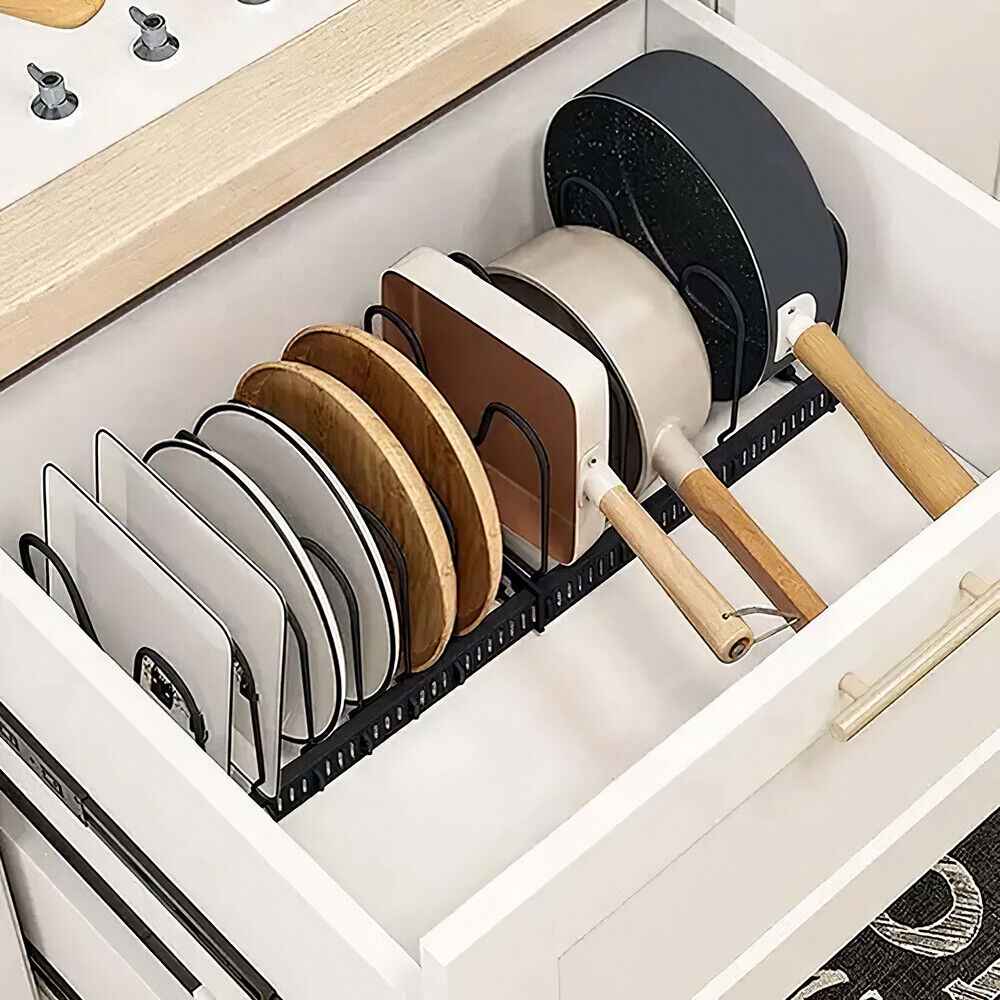 Expandable Kitchen Saucepan Pan Pot Lid Rack Holder Cupboard Drawer Organisers