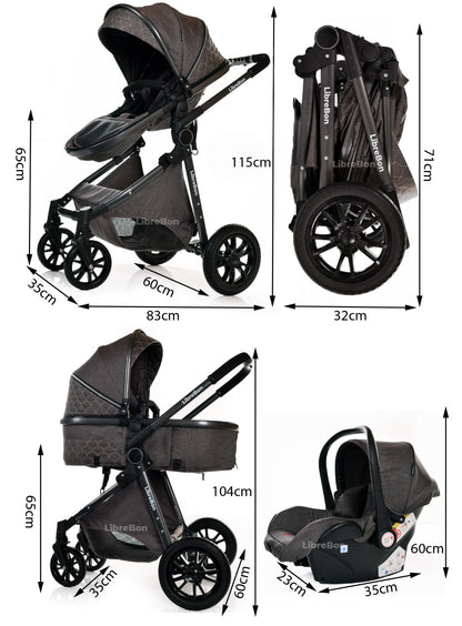 3 in 1 Pram Newborn Baby Buggy Set Travel System with Car Seat Folding Pushchair