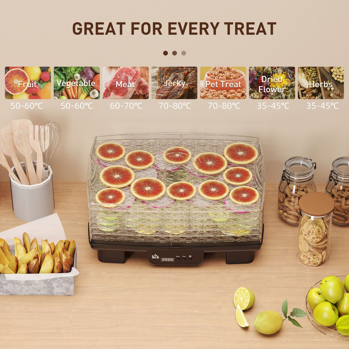 Food Dehydrator, 6 Tray Food Dryer Machine with Adjustable Temperature