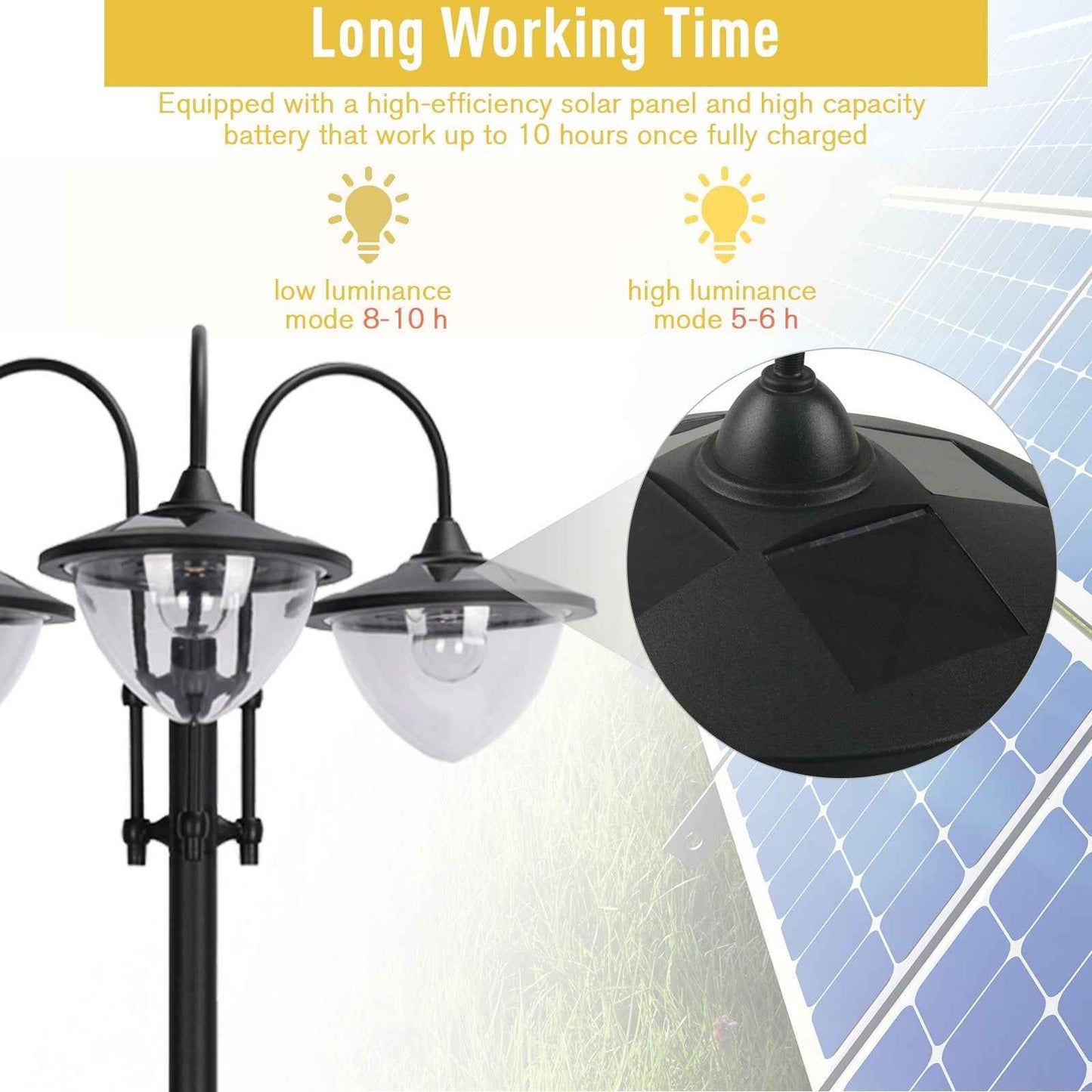 3-head LED Solar Light Lamp Street Light Post with Planter Base, Black