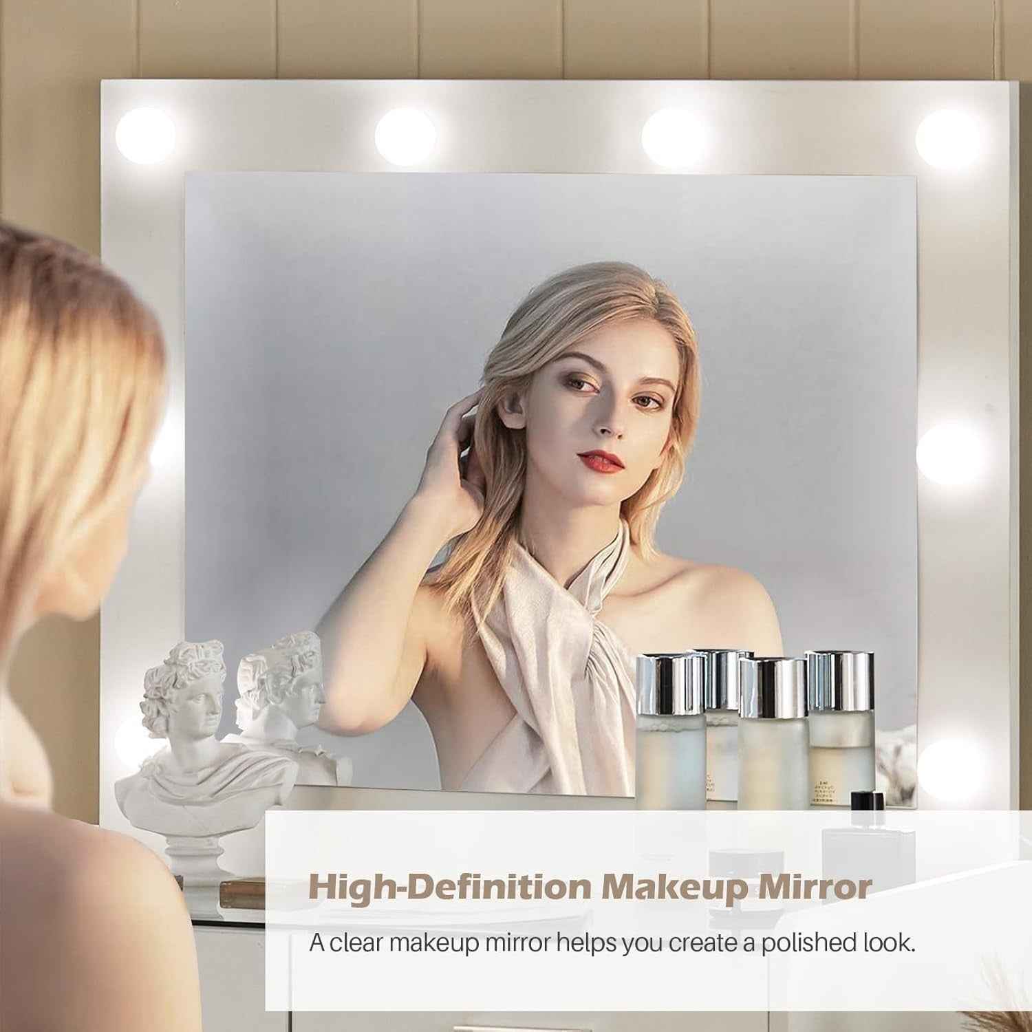 Vanity Desk with Mirror Lights Glass Top Dressing Table w/ 2 Drawers & Stool Uam