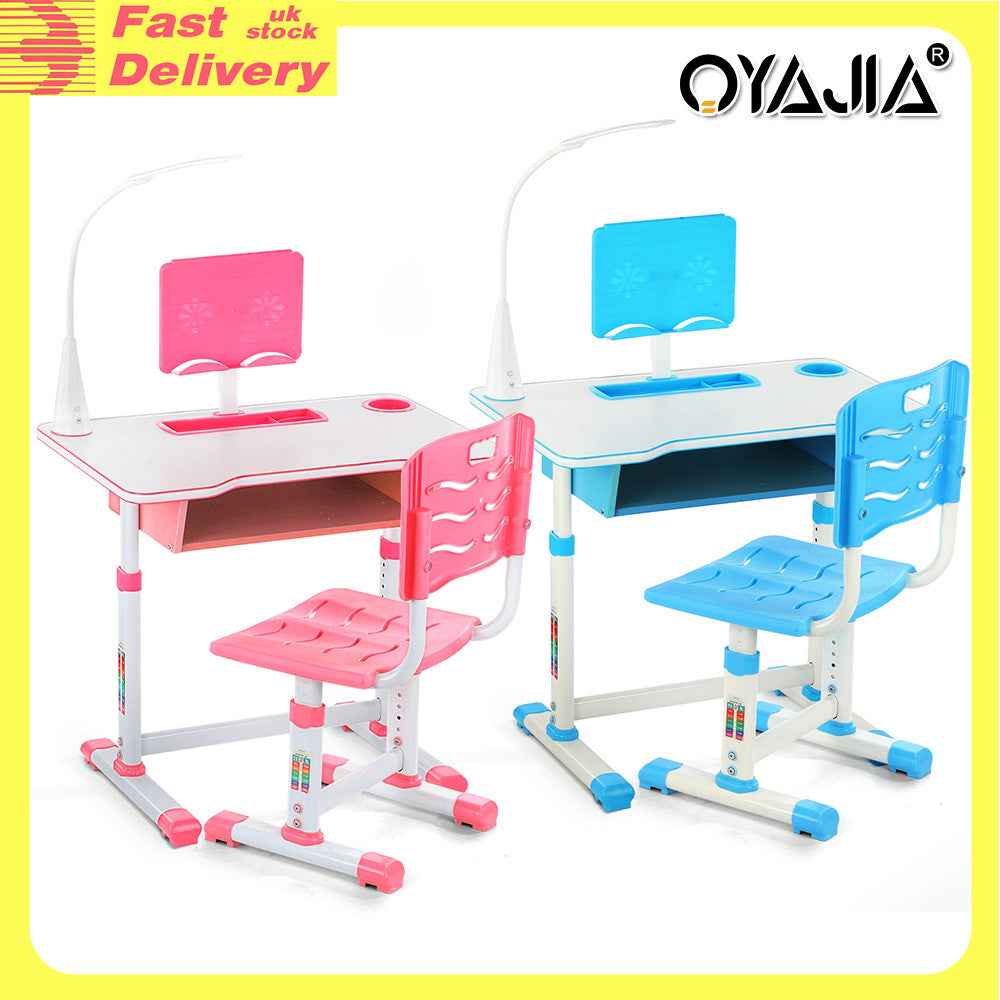 Kids Children Study Table & Chair Writing Desk Set With Lamp - Height Adjustable
