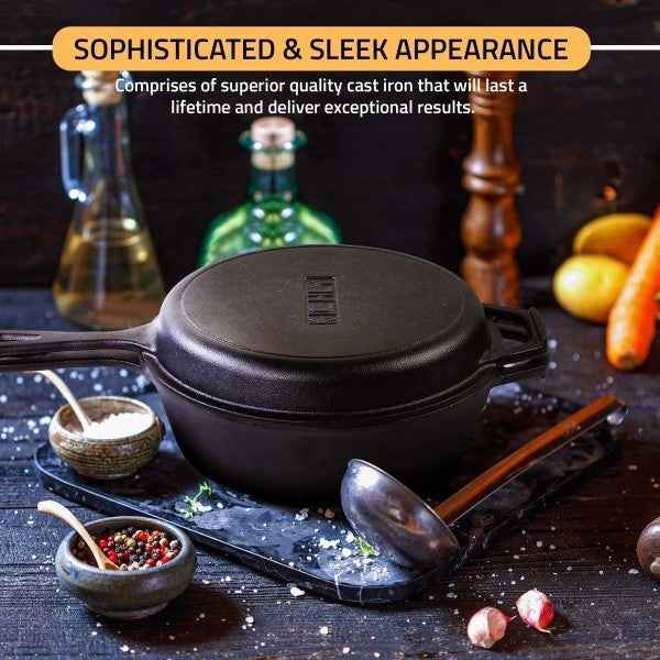 2in1 Combo Cooker Pre Seasoned Dutch Oven Pot Cast Iron Frying Pans Griddle 3Ltr