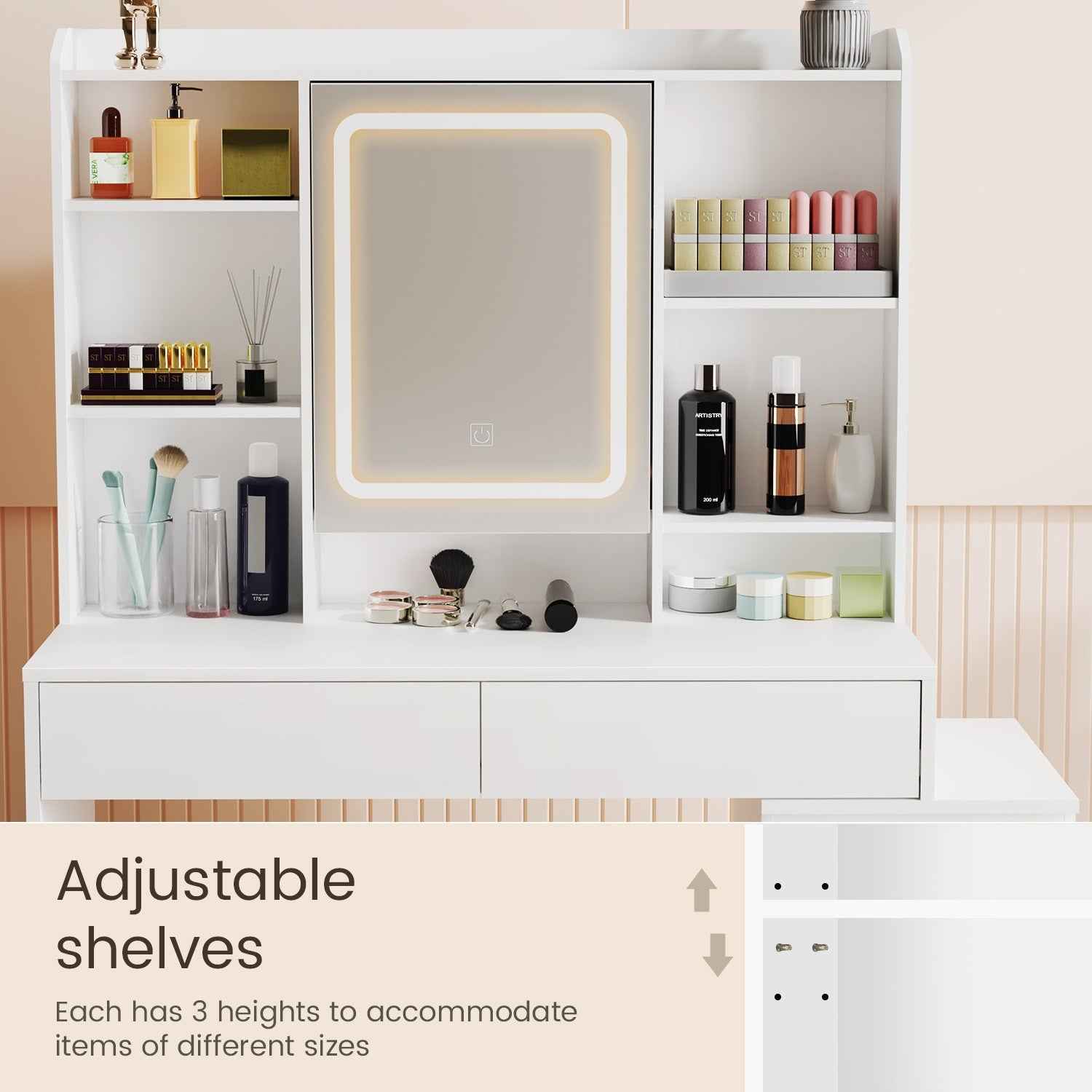 White Dressing Table Wood Makeup Desk with LED Mirror 7 Drawers Stool Bedroom