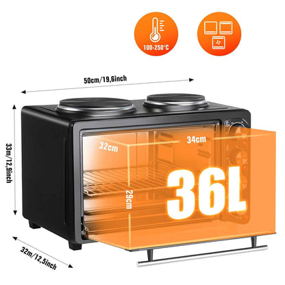 36L Mini Oven Hob Cooker Grill With Electric Hob Double Hotplate Tabletop Black