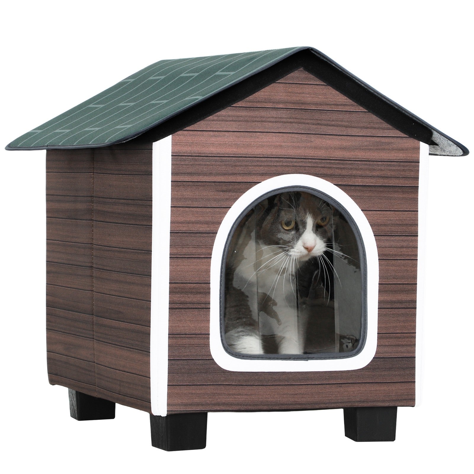 Insulated Outdoor Cat Shelter with Elevated Base, Cushion, Red-brown