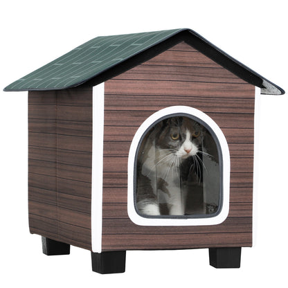 Insulated Outdoor Cat Shelter with Elevated Base, Cushion, Red-brown