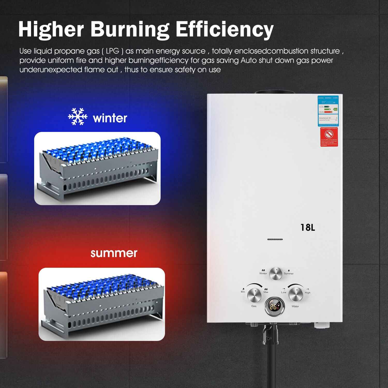 OYAJIA 8/10/16/18L Instant Gas Hot Water Heater Tankless Gas Boiler LPG Propane