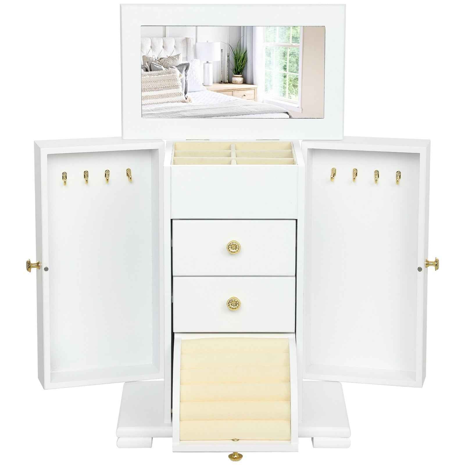 4-Tier Jewellery Box, Jewellery Organiser with Mirror and 2 Drawers, White