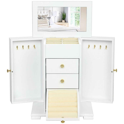 4-Tier Jewellery Box, Jewellery Organiser with Mirror and 2 Drawers, White