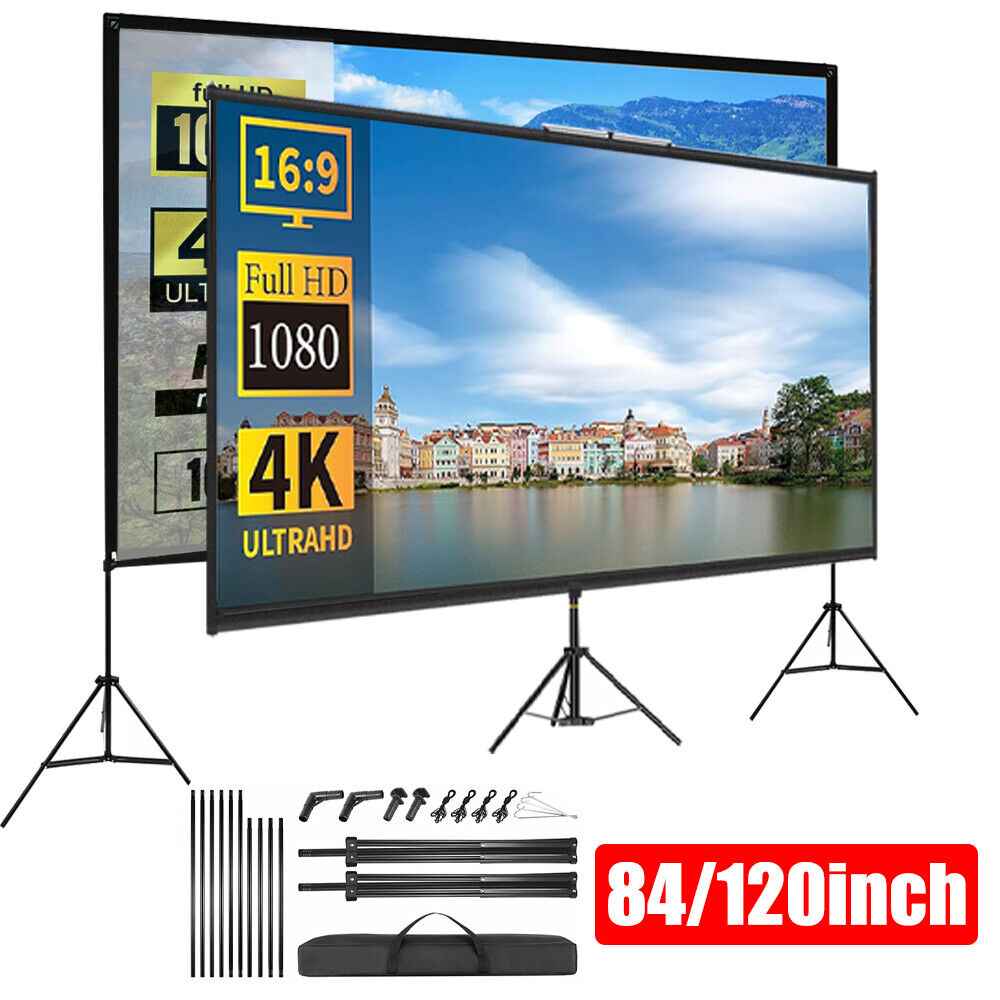 120" Projector Screen w/Tripod Stand Portable Home Outdoor Movie Screen 16:9 4K