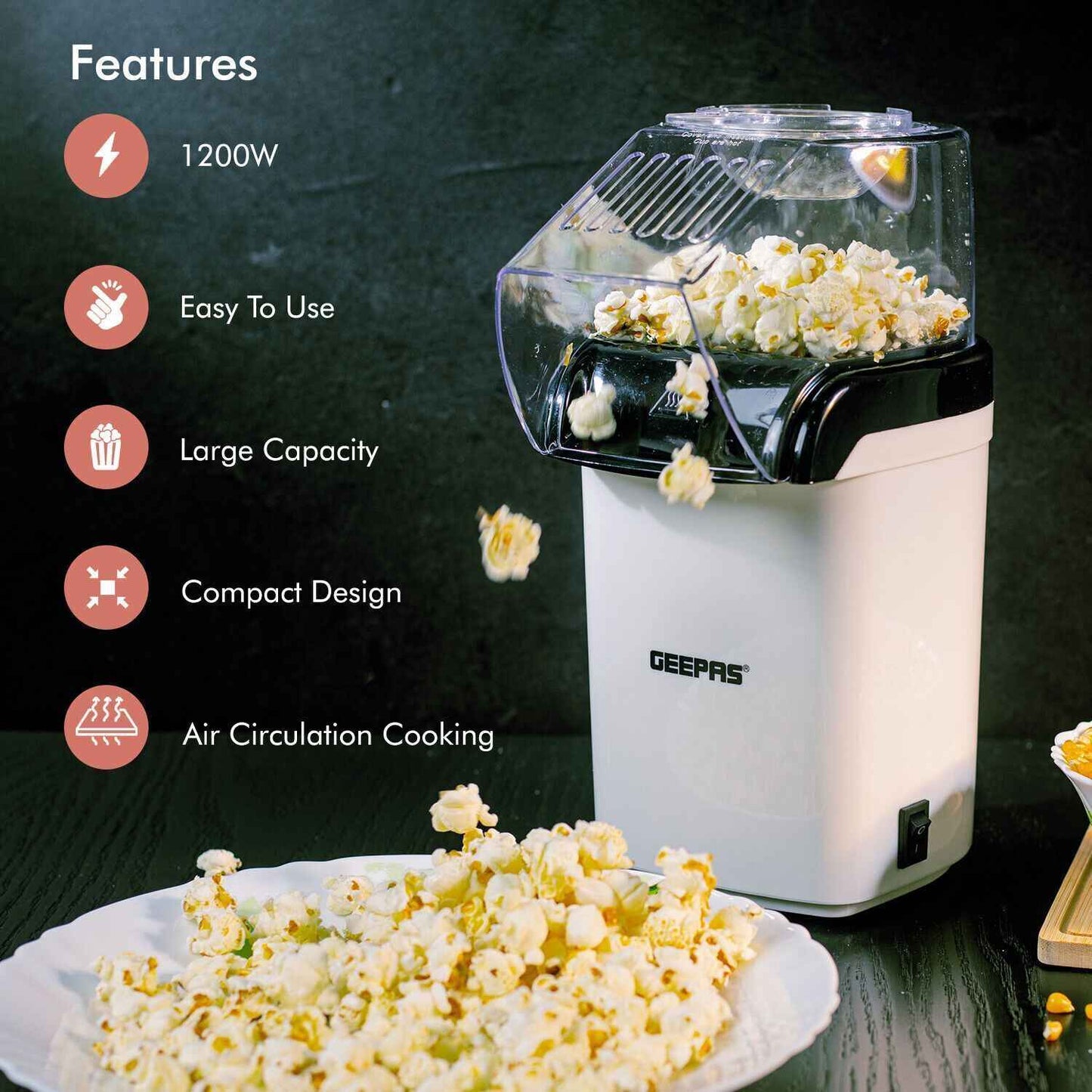 GEEPAS 1200W Popcorn Maker Machine Fat Free Hot Air Large Popper Electric