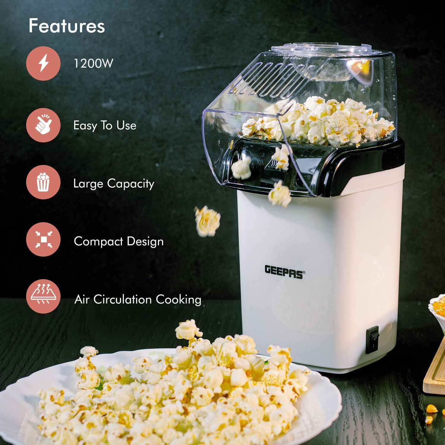 GEEPAS 1200W Popcorn Maker Machine Fat Free Hot Air Large Popper Electric