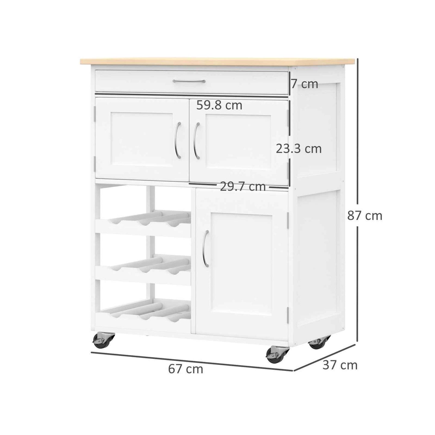 Rolling Kitchen Island Trolley Storage Cart with Rubberwood Top, Drawer, White