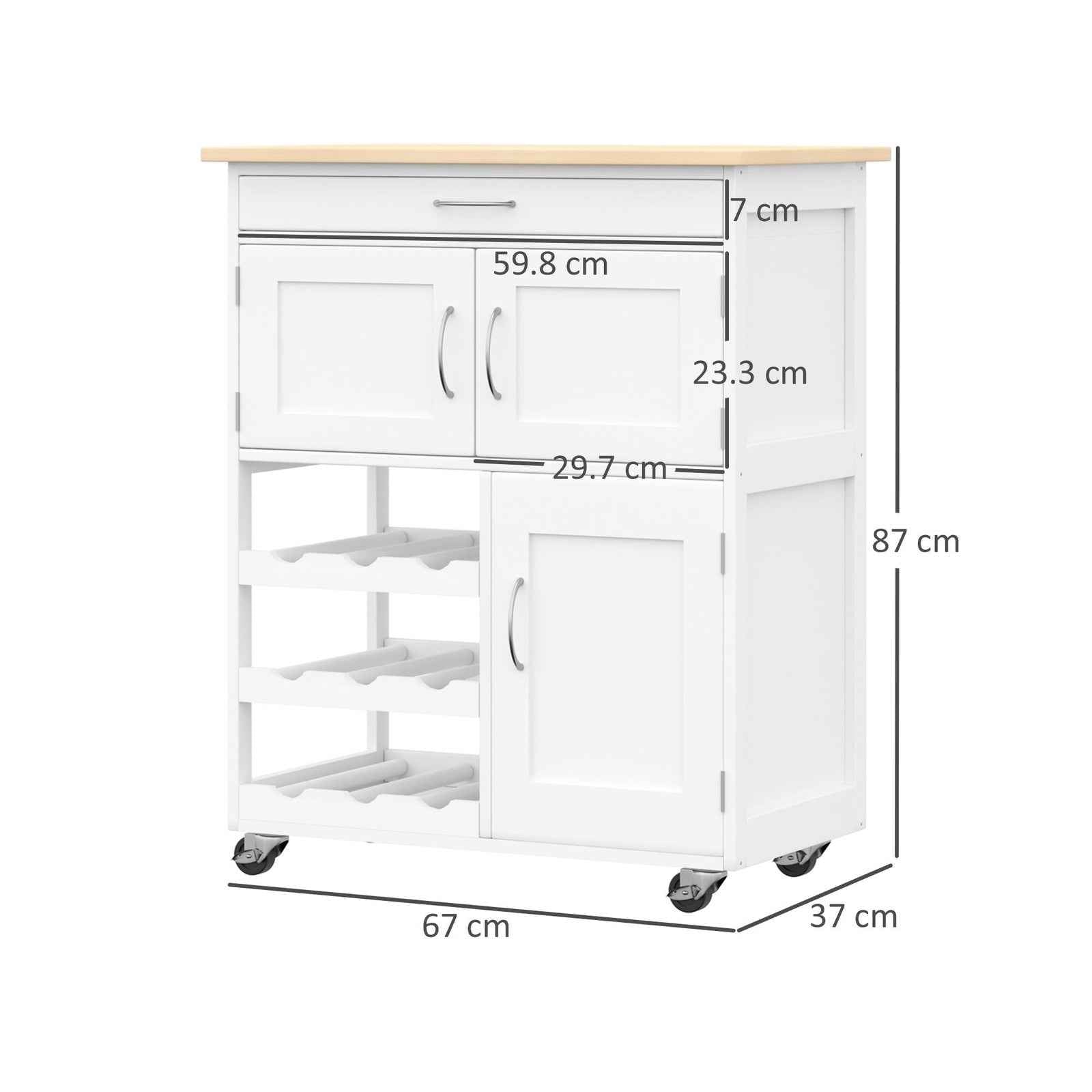 Rolling Kitchen Island Trolley Storage Cart with Rubberwood Top, Drawer, White