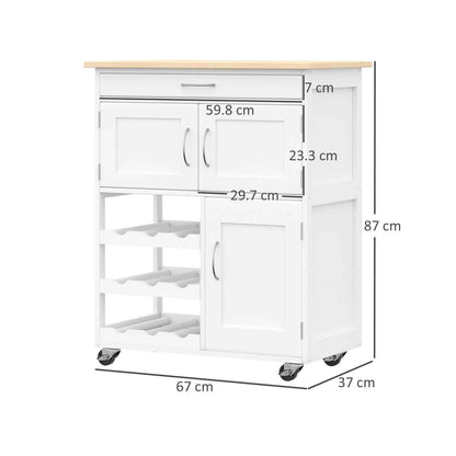 Rolling Kitchen Island Trolley Storage Cart with Rubberwood Top, Drawer, White