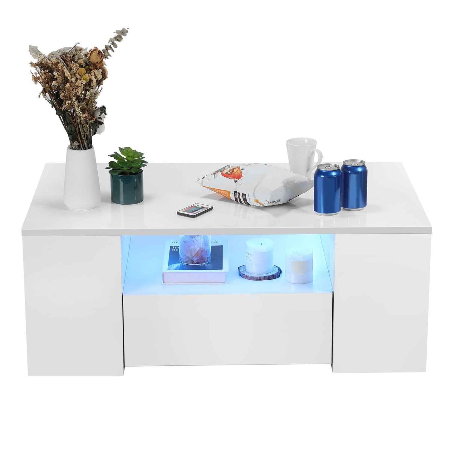 LED Coffee Table Wooden 2 Drawer Storage High Gloss Modern Living Room Furniture