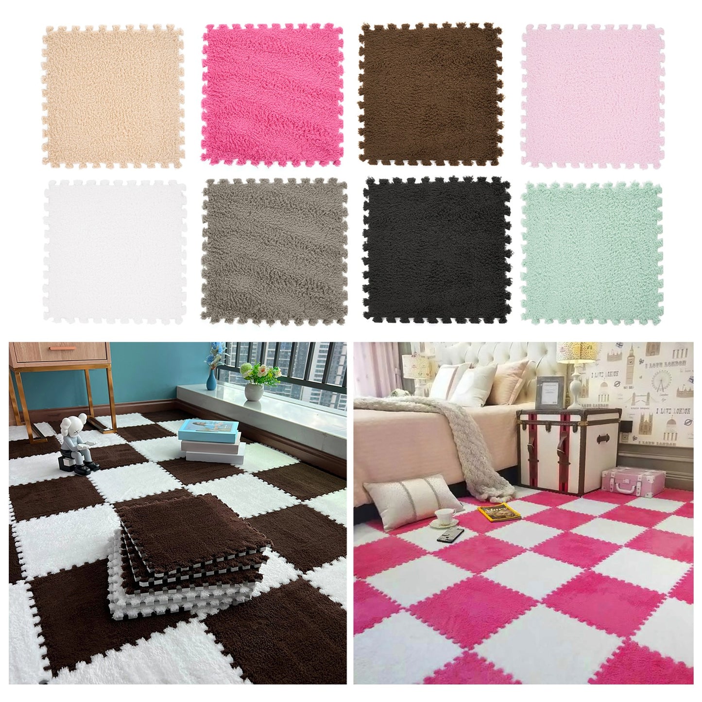 24pcs Interlocking Floor Mat Plush Foam Carpet Tiles Fluffy Square Area Carpets
