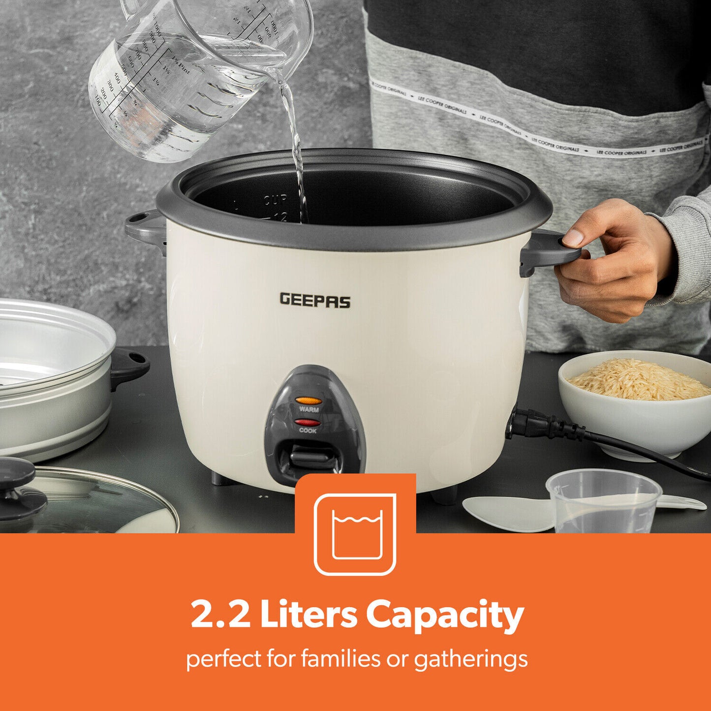GEEPAS Electric Rice Cooker Steamer Pot 3 in 1 Cooking Non Stick Keep Warm