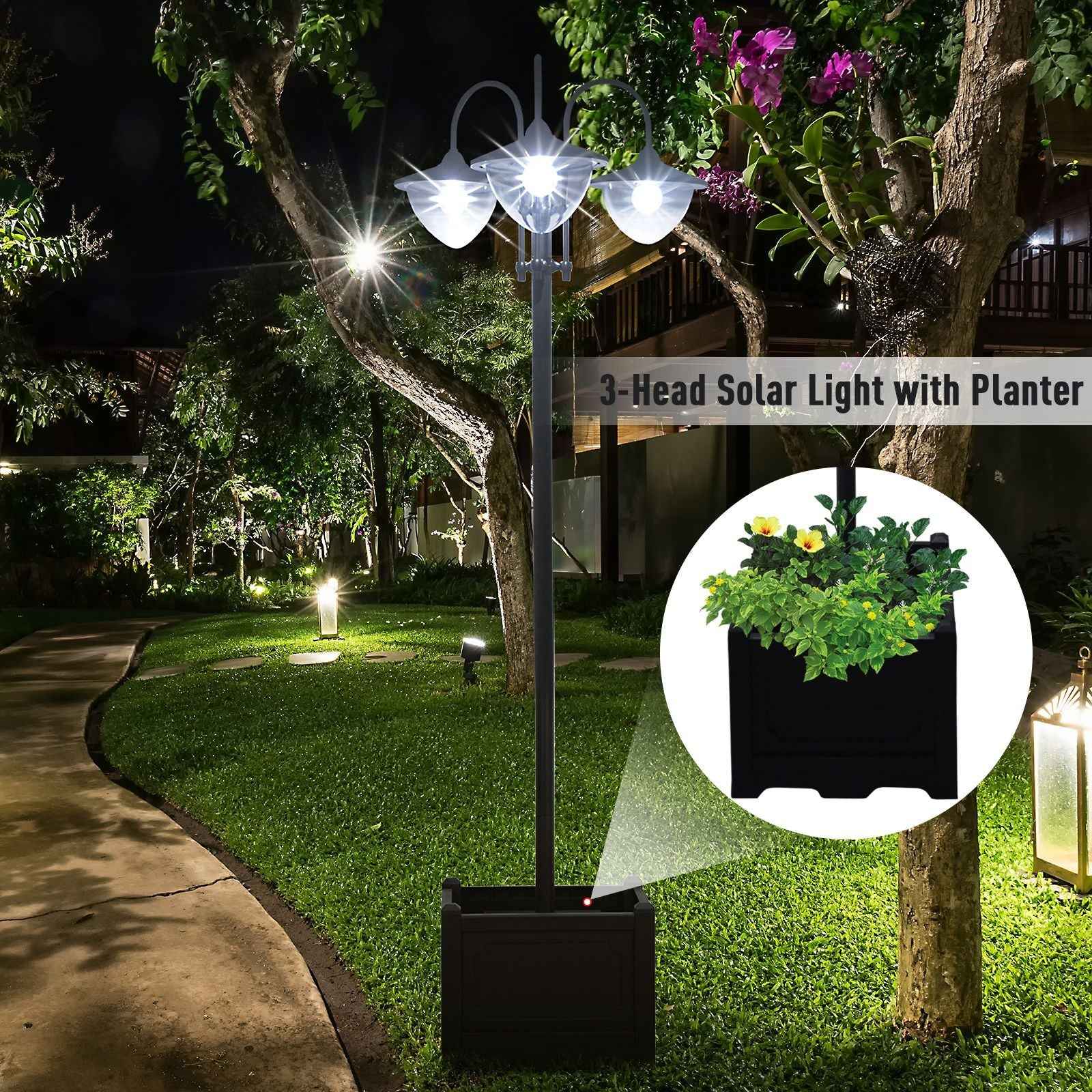 3-head LED Solar Light Lamp Street Light Post with Planter Base, Black