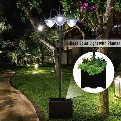 3-head LED Solar Light Lamp Street Light Post with Planter Base, Black