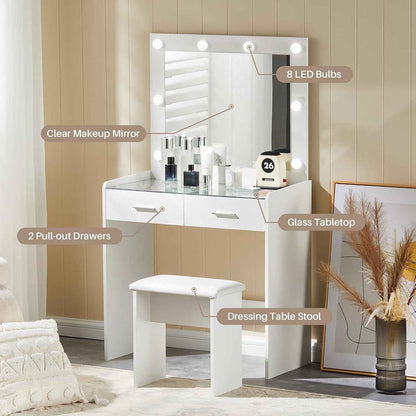 Vanity Desk with Mirror Lights Glass Top Dressing Table w/ 2 Drawers & Stool Uam