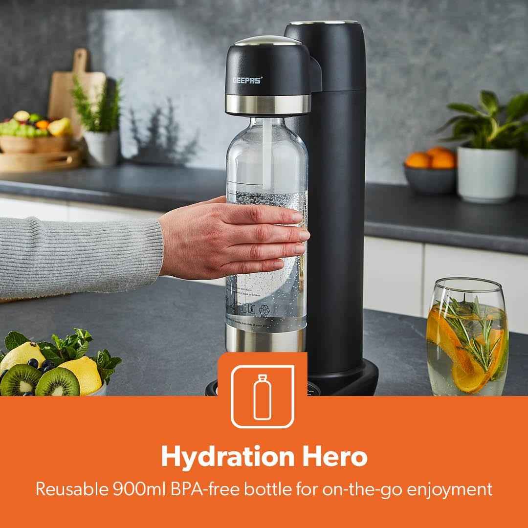 GEEPAS Soda Maker Sparkling Water Carbonator Machine 900ML 1 PET Bottle, Black