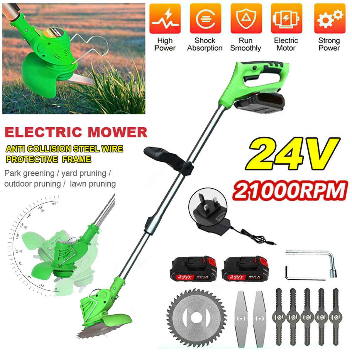 21V Cordless Electric Strimmer Grass Trimmer Weed Cutter Garden Edger +2 Battery