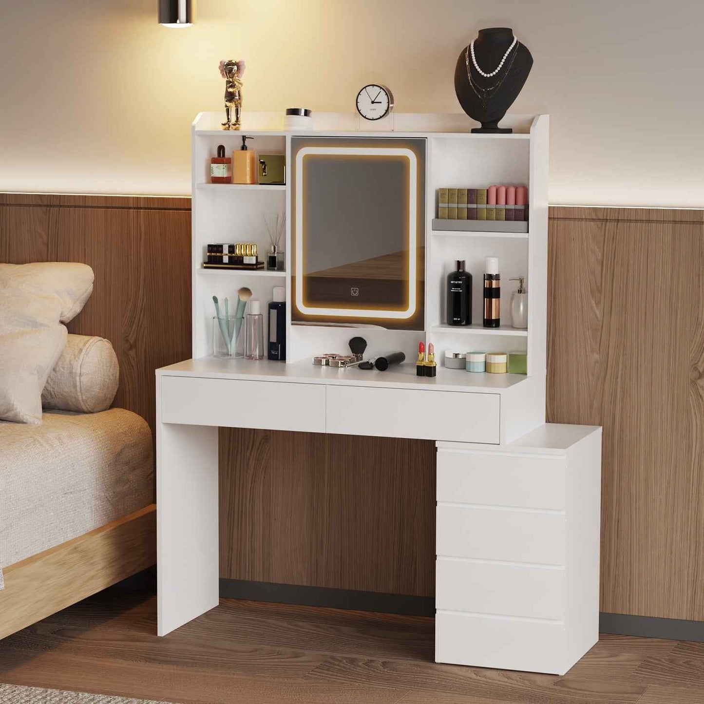 White Dressing Table Wood Makeup Desk with LED Mirror 7 Drawers Stool Bedroom