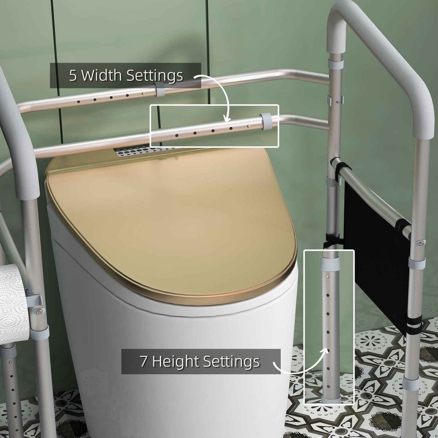 Height and Width Adjustable Toilet Frame Grab Bar with Rubber Tips Storage
