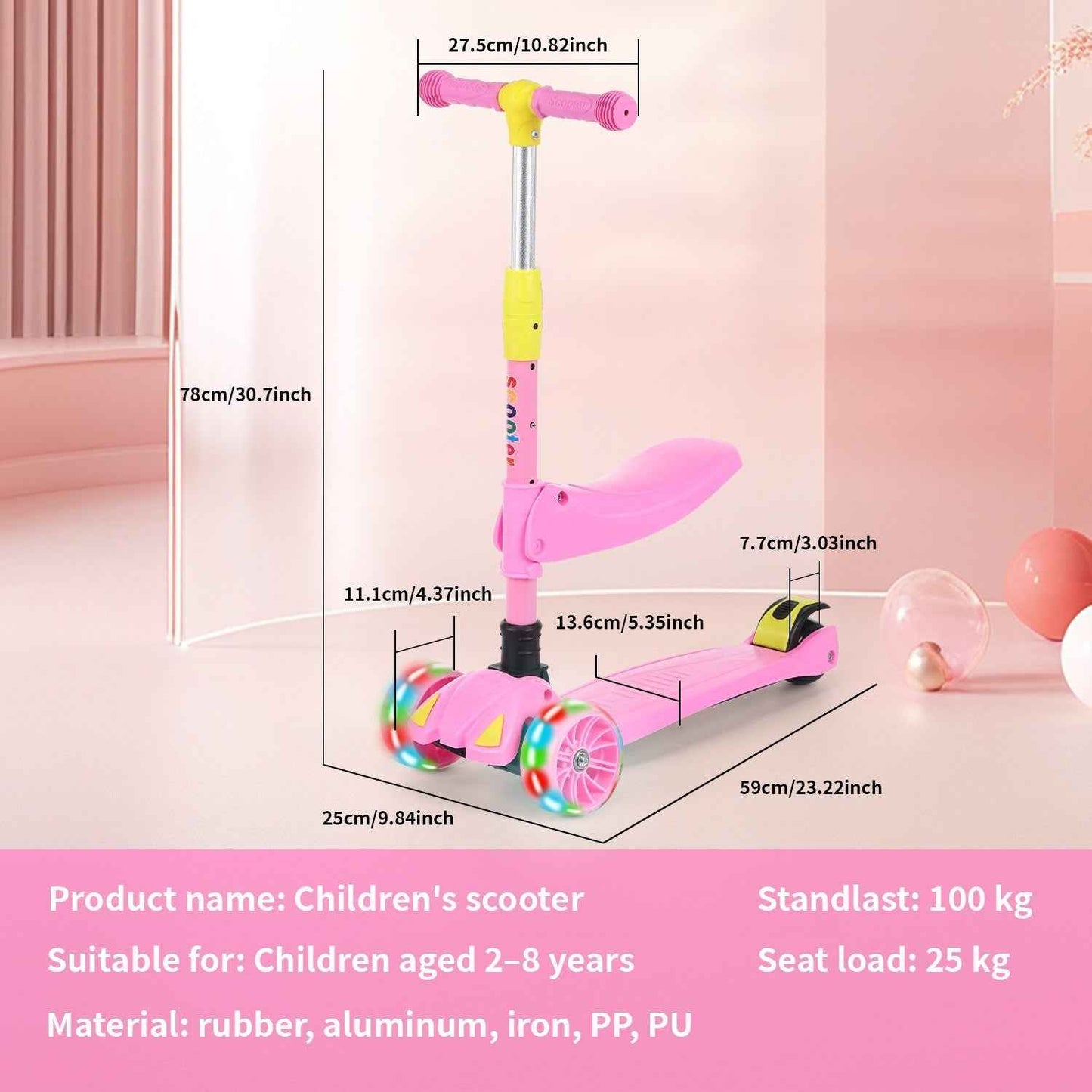 Kids Scooter Child Kick Flashing LED Light Up 3 Wheel Adjustable Folding UK