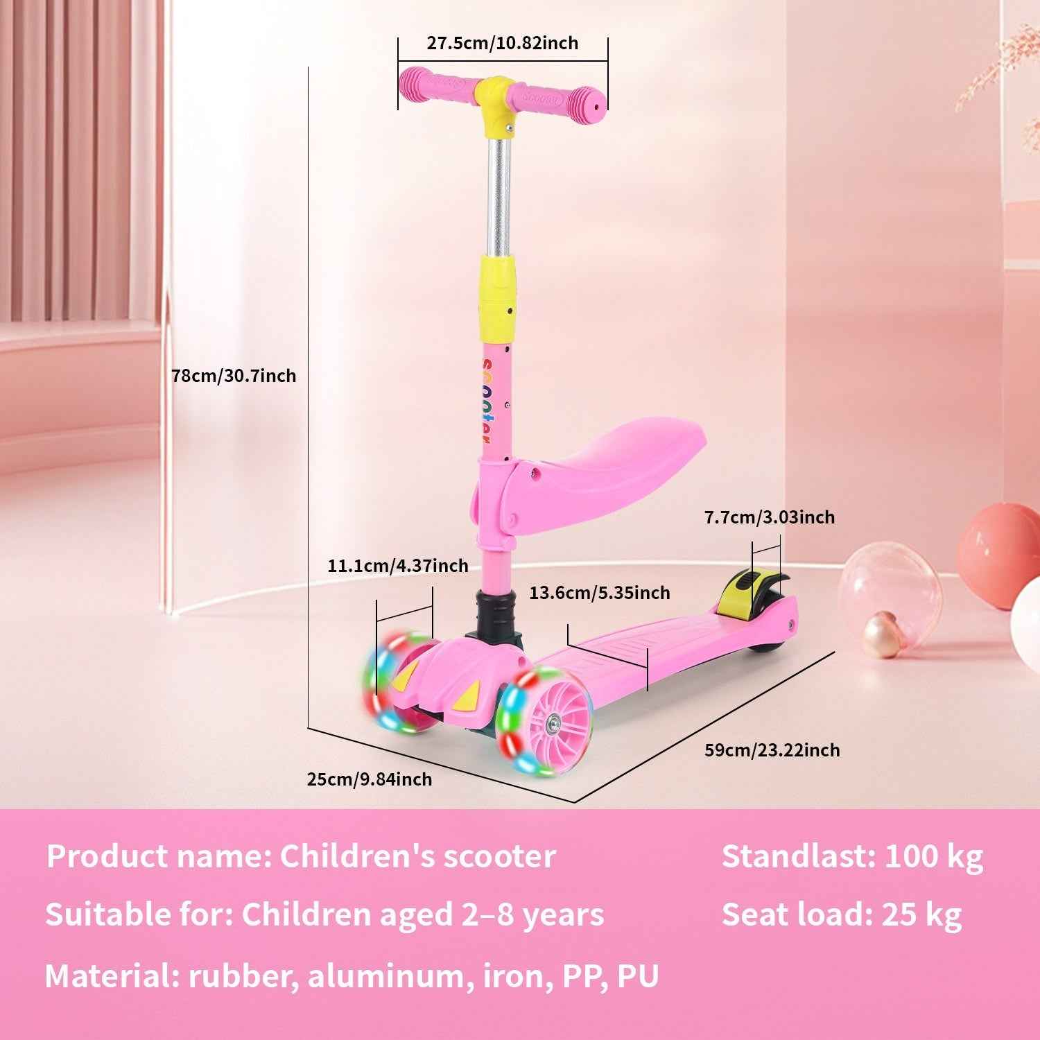 Kids Scooter Child Kick Flashing LED Light Up 3 Wheel Adjustable Folding UK