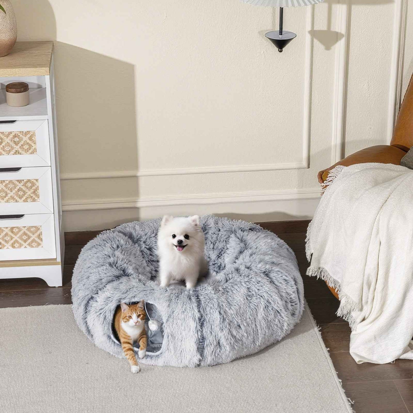 2-in-1 Donut Cat Tunnel with Plush and Washable Bed for Indoor Cats, Light Grey
