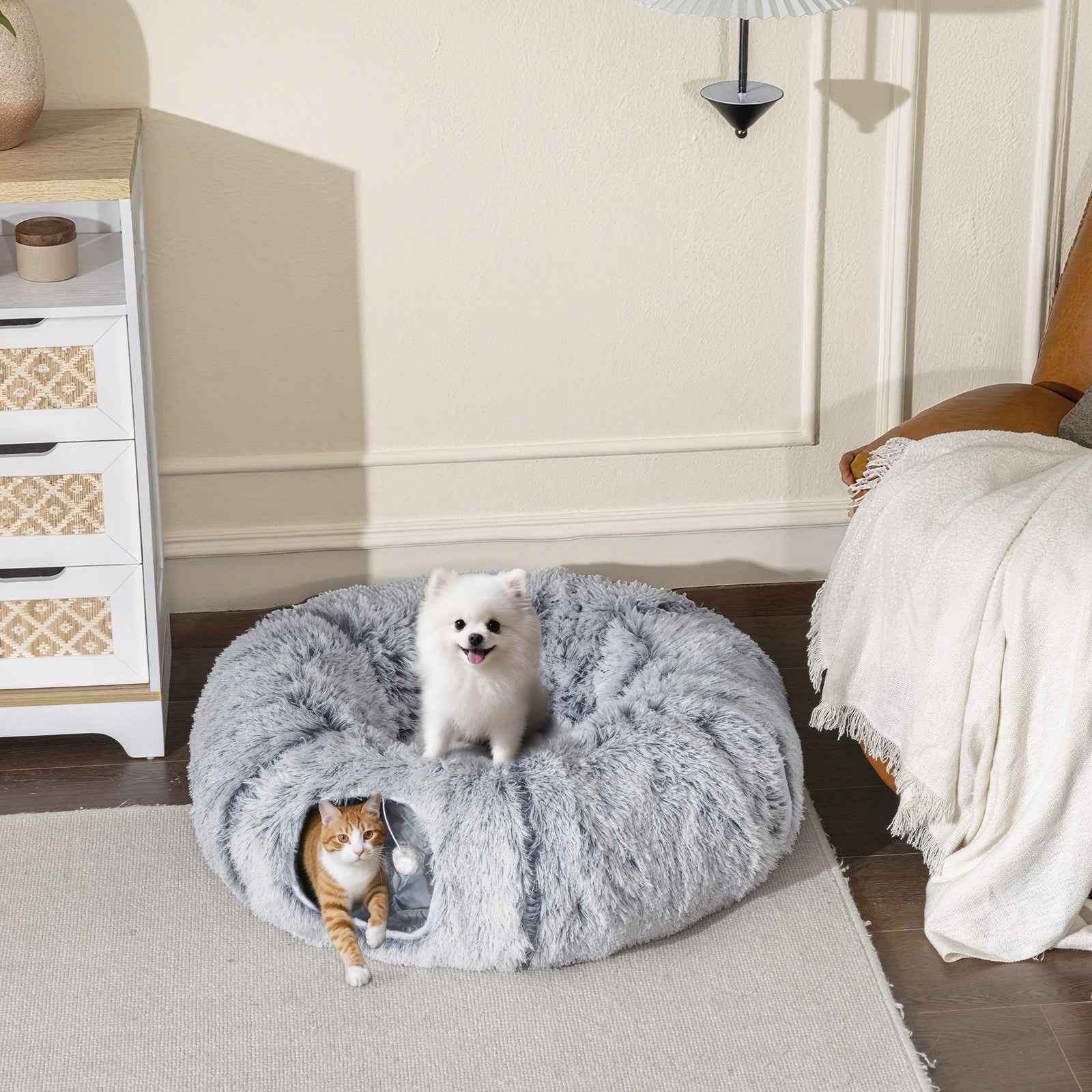 2-in-1 Donut Cat Tunnel with Plush and Washable Bed for Indoor Cats, Light Grey