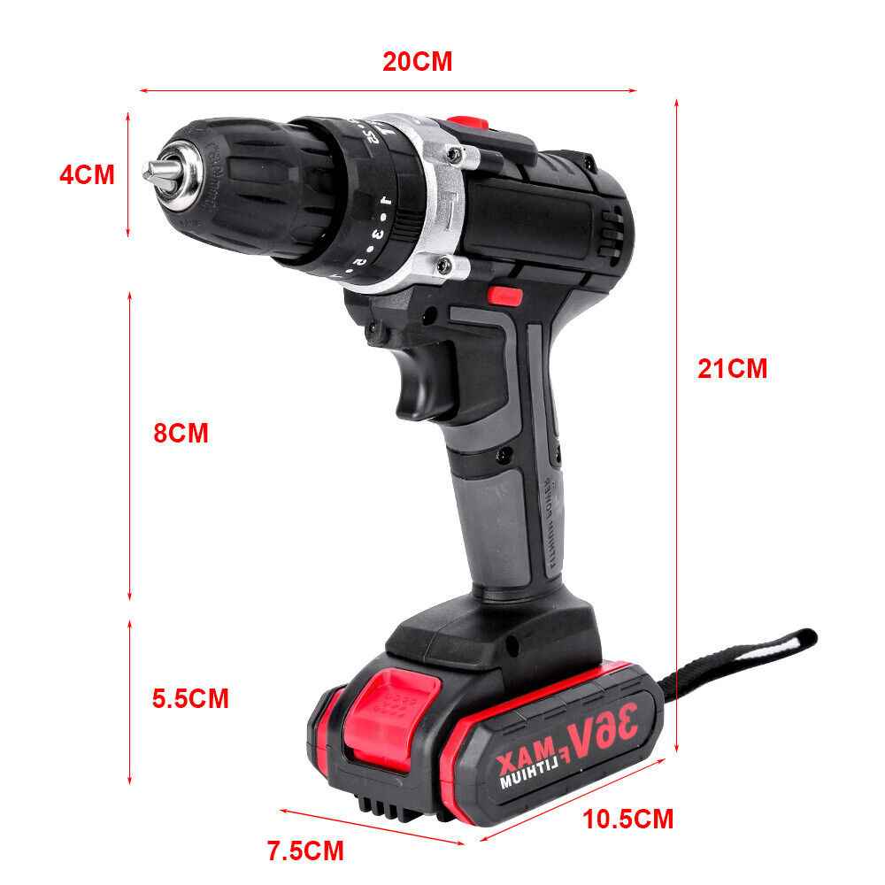36V 2-Speed Electric Cordless Drill Screwdriver Hammer Impact w/ 2 Battery Kits