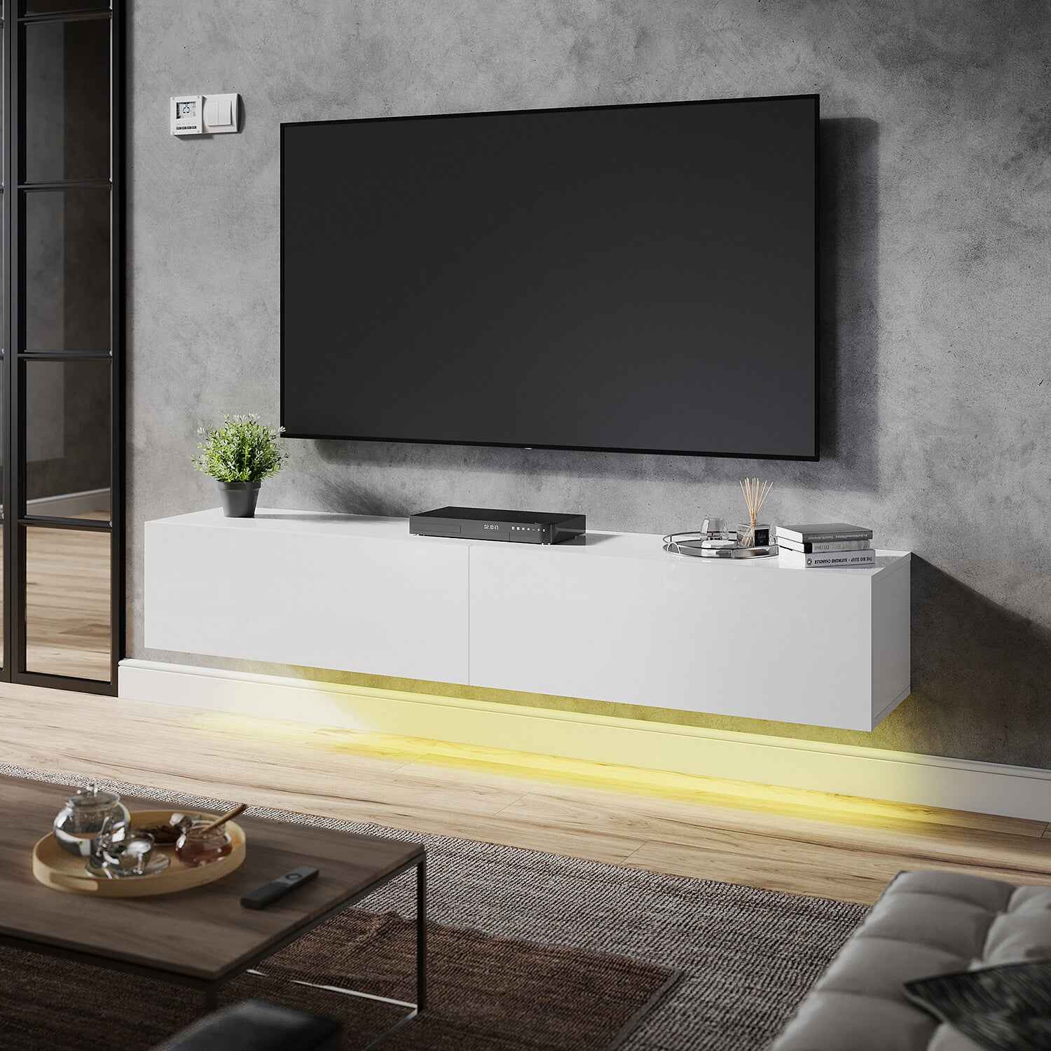 140cm High Gloss Floating TV Unit Cabinet Wall Mounted TV Stand With LED Lights