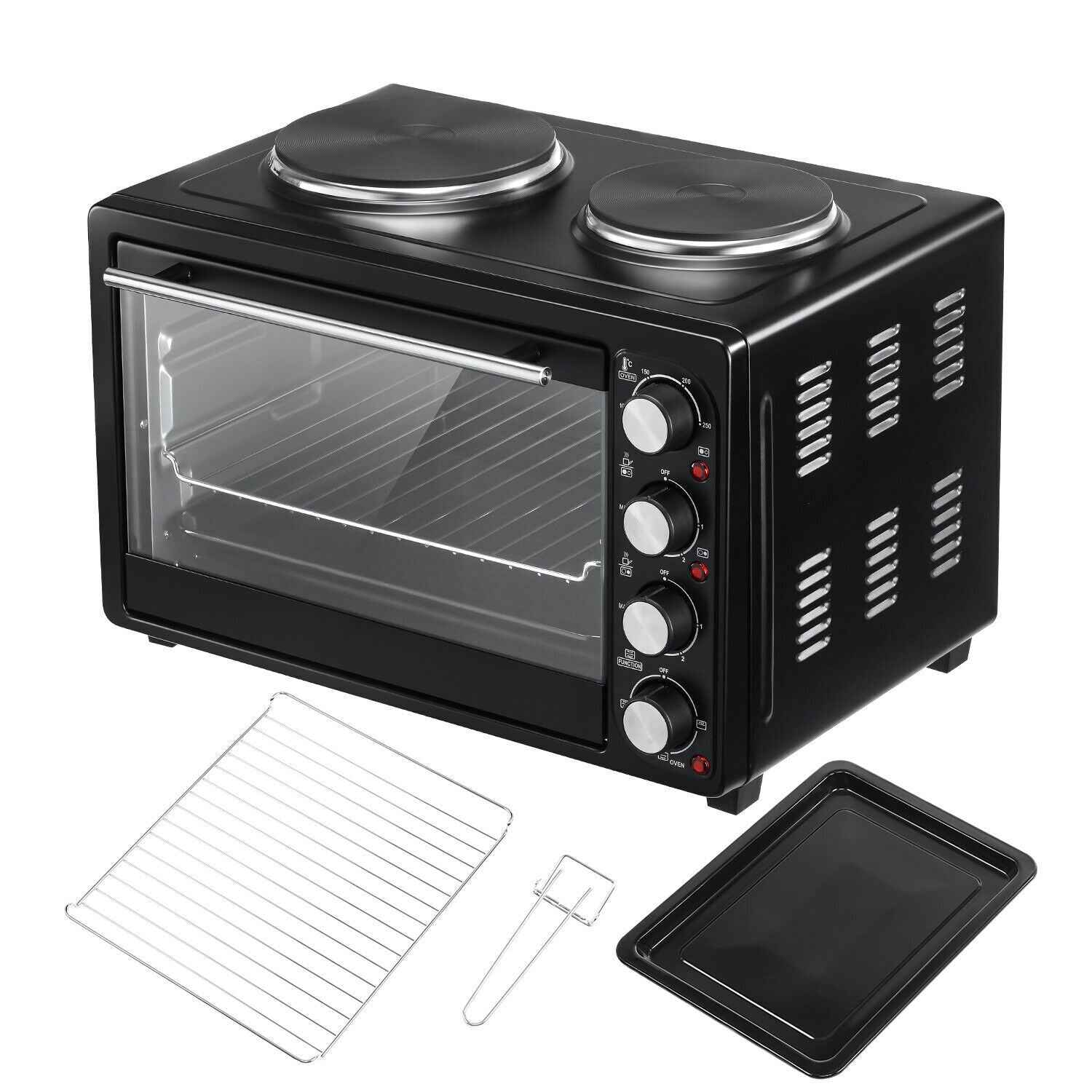 36L Mini Oven Hob Cooker Grill With Electric Hob Double Hotplate Tabletop Black