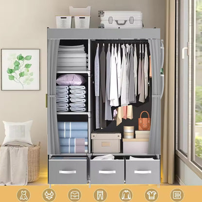 Large Fabric Canvas Wardrobe with Clothes Hanging Rail Shelving Storage Closet