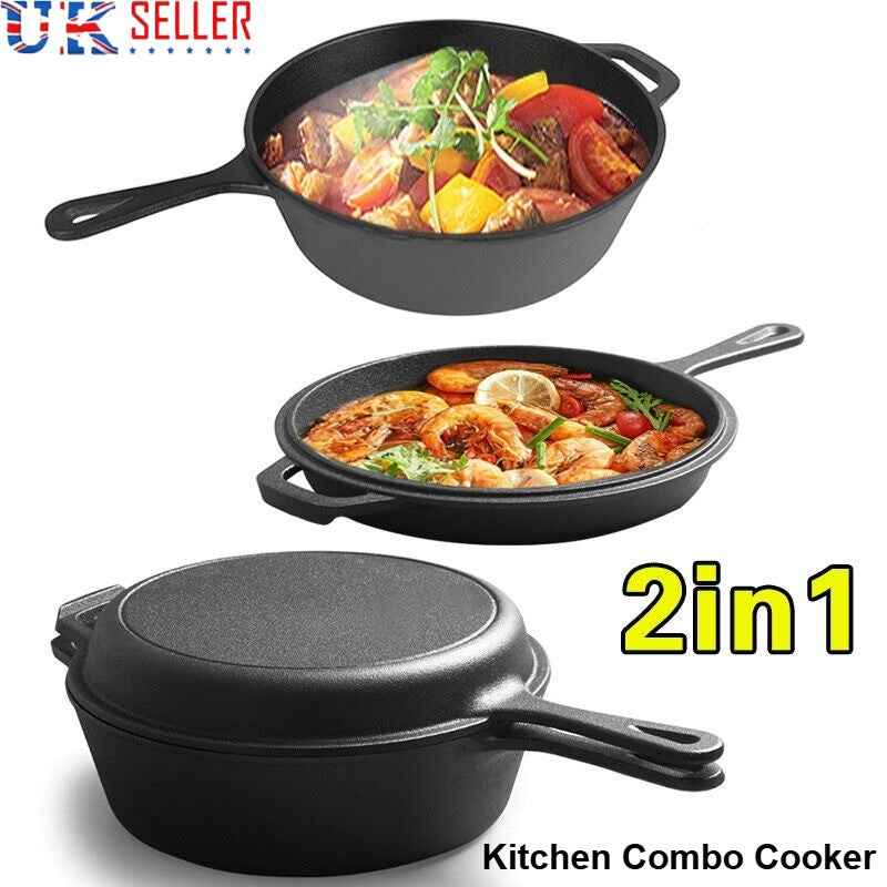 2in1 Combo Cooker Pre Seasoned Dutch Oven Pot Cast Iron Frying Pans Griddle 3Ltr
