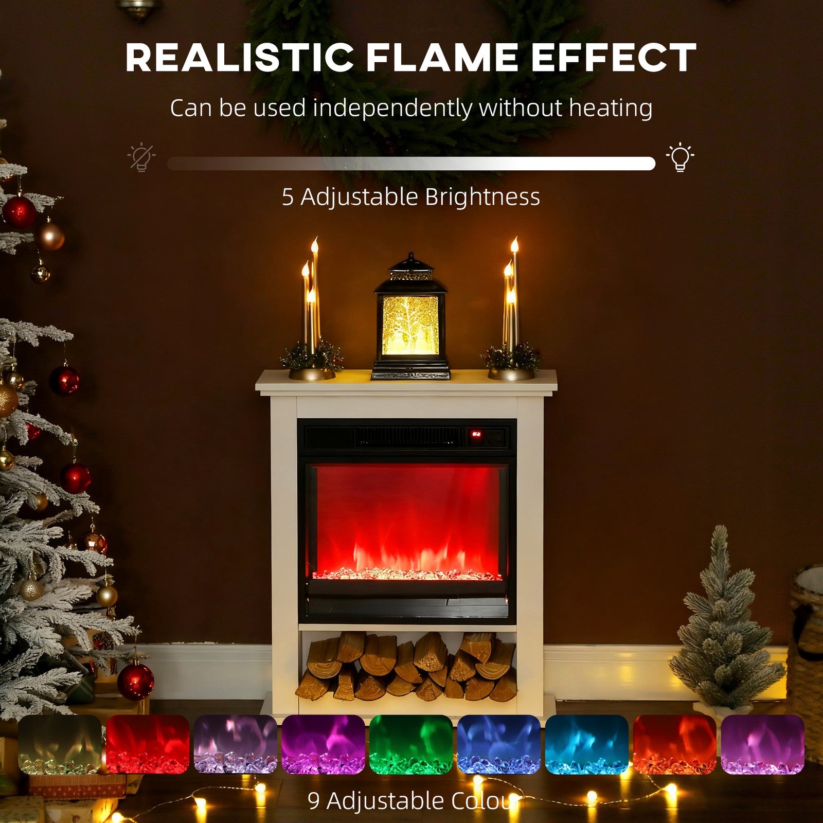 Electric Fireplace with 9 Colours Flame Effect & 5 Brightness Levels, White