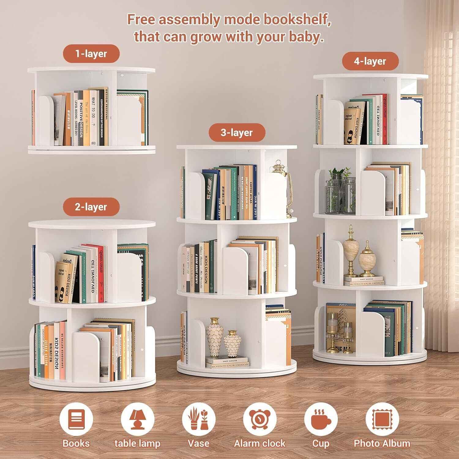 4-Layer 360° Rotating Bookshelf Bookcase Display Floor Standing Storage Rack New