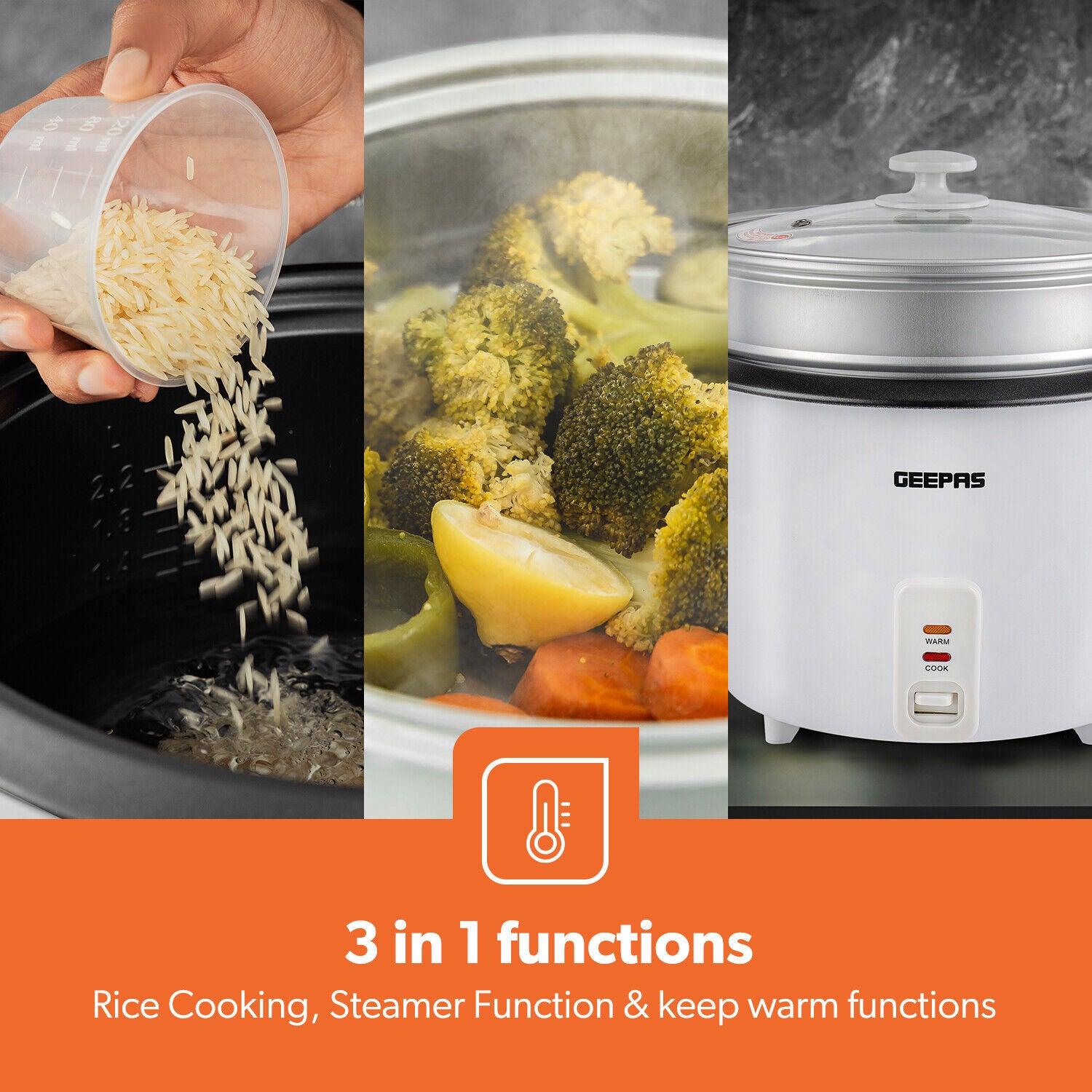 GEEPAS Electric Rice Cooker Steamer Pot 3 in 1 Cooking Non Stick Keep Warm