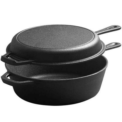 2in1 Combo Cooker Pre Seasoned Dutch Oven Pot Cast Iron Frying Pans Griddle 3Ltr