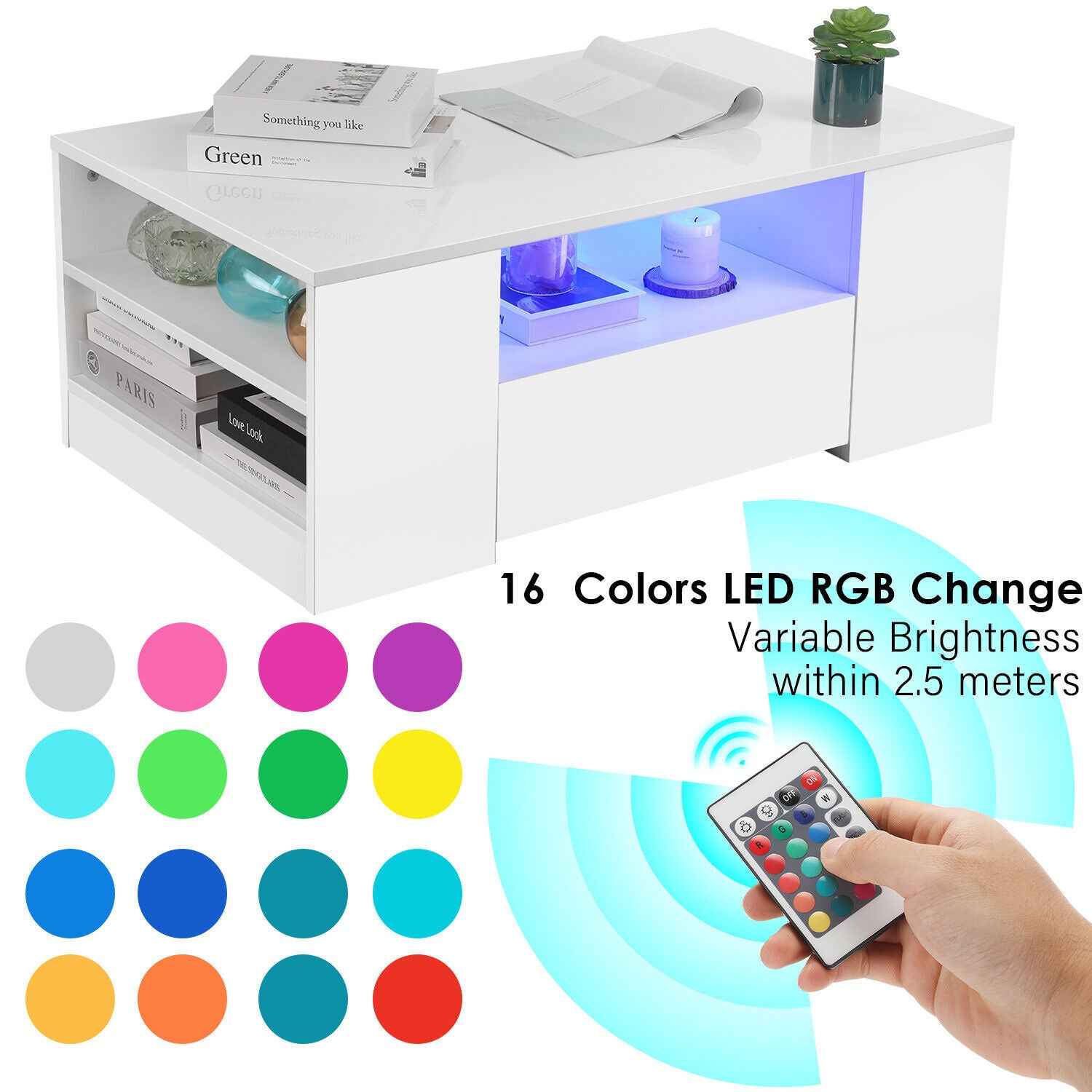 LED Coffee Table Wooden 2 Drawer Storage High Gloss Modern Living Room Furniture