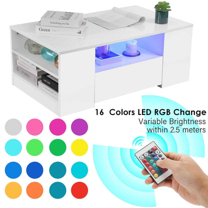 LED Coffee Table Wooden 2 Drawer Storage High Gloss Modern Living Room Furniture