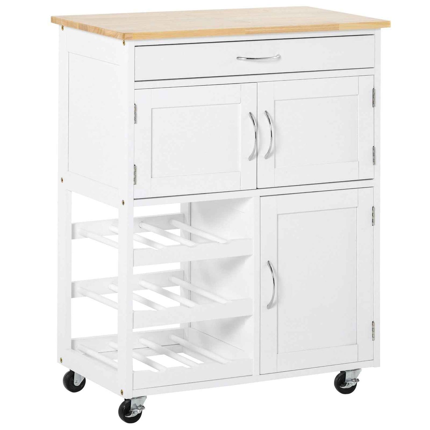 Rolling Kitchen Island Trolley Storage Cart with Rubberwood Top, Drawer, White