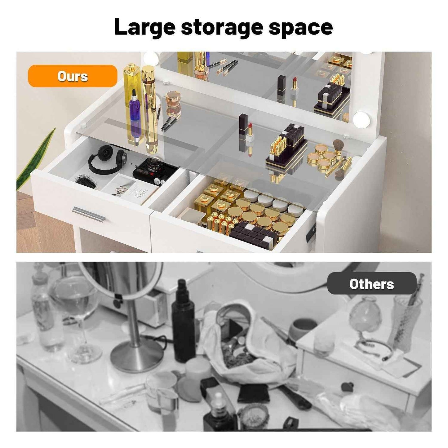 Vanity Desk with Mirror Lights Glass Top Dressing Table w/ 2 Drawers & Stool Uam