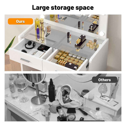 Vanity Desk with Mirror Lights Glass Top Dressing Table w/ 2 Drawers & Stool Uam