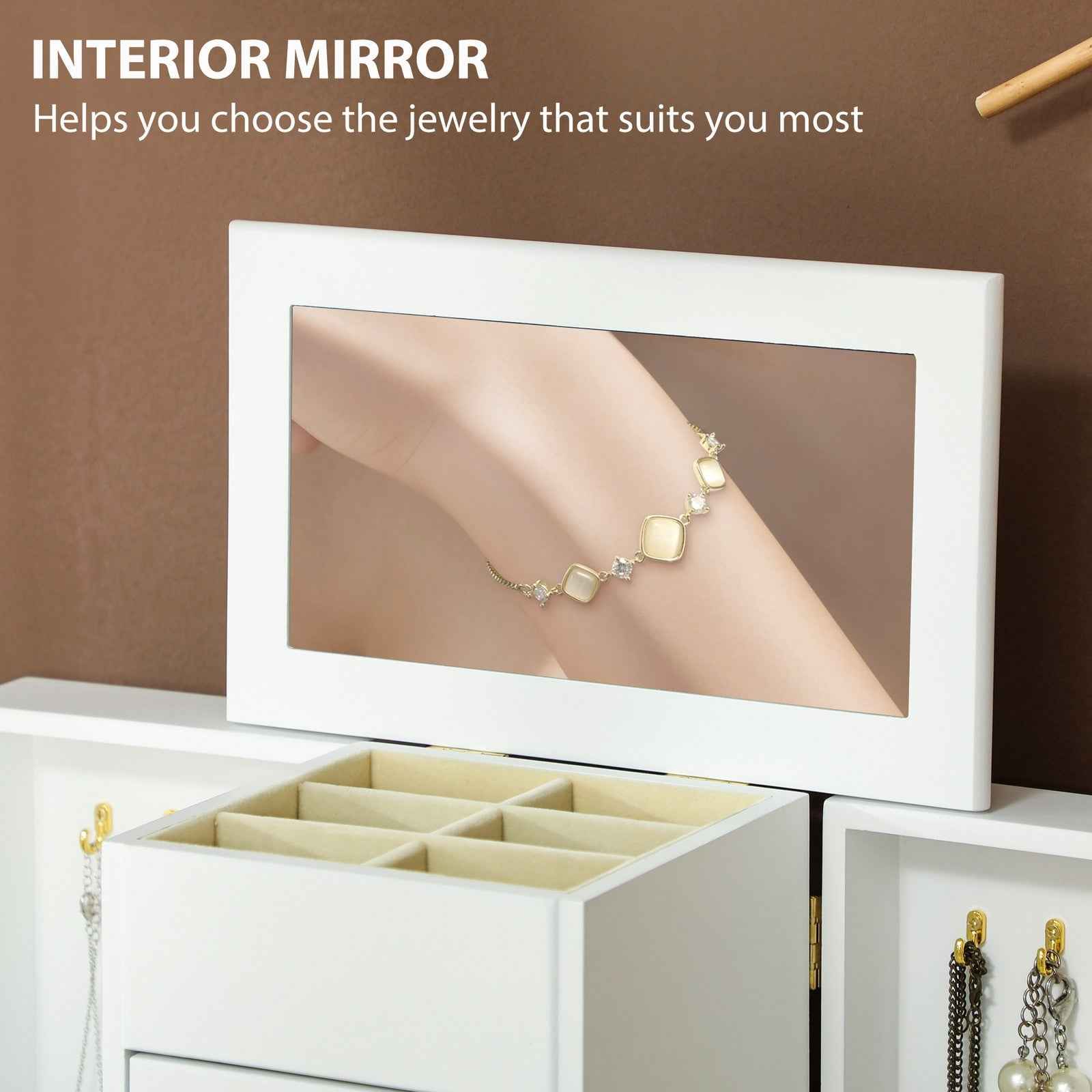 4-Tier Jewellery Box, Jewellery Organiser with Mirror and 2 Drawers, White