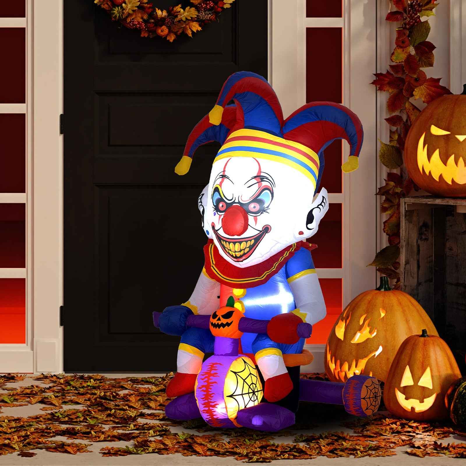 4ft Blow Up Halloween Inflatable Clown on Bicycle with 3 Built-in LED Lights